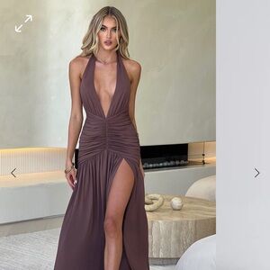 BABYBOO MELANIA MAXI DRESS - Elegant Halter Neck Brown Dress